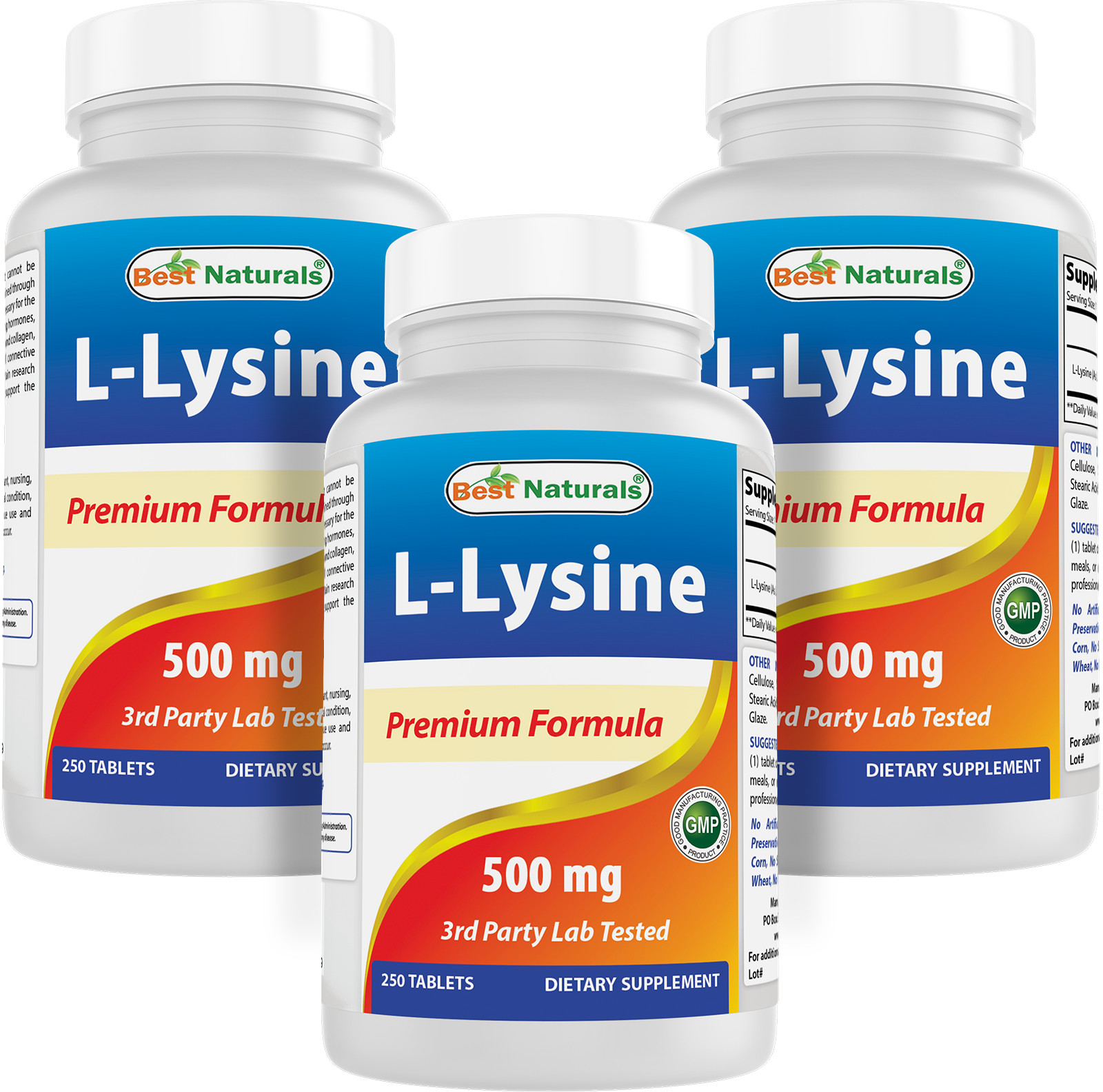 3 Pack Best Naturals L-Lysine 1000 mg 180 Tablets