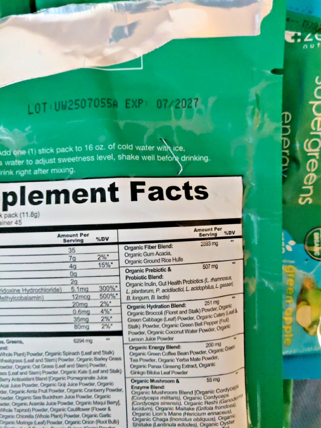 Zena Organic Supergreens Plus Energy Apple 45 Stick Exp: 7/2027 – Open Bag