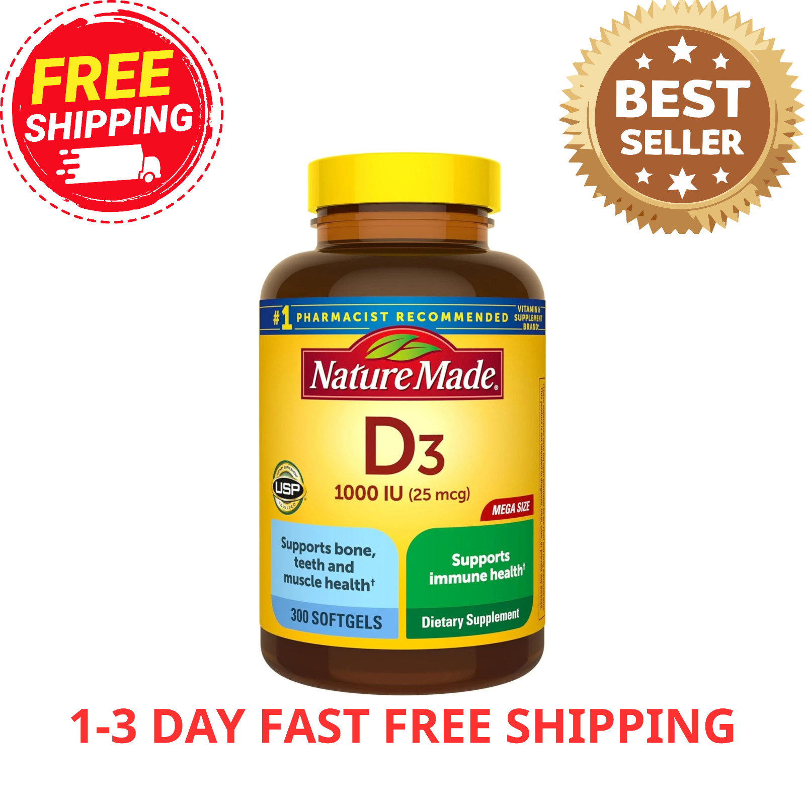 Nature Made Vitamin D3 1000 IU (25 Mcg), Vitamin D Supplement for Bone, Teeth, M