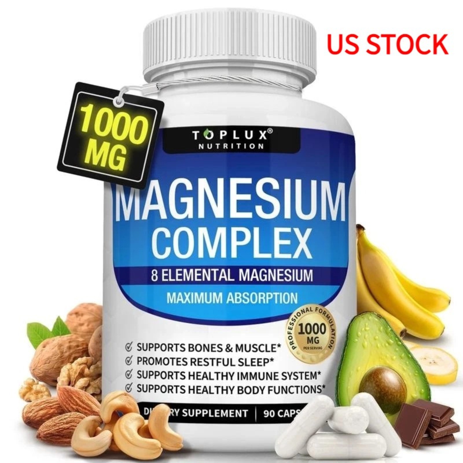 Magnesium 1000mg supplement: complex of 8-element magnesium, 90 capsules ,US