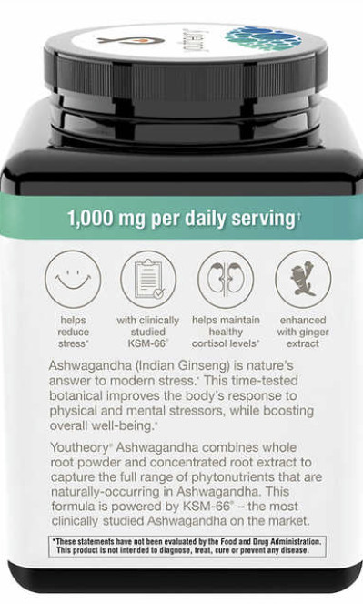 Youtheory Ashwagandha 1000mg 180 Capsule Stress Mood Cortisol Support Supplement