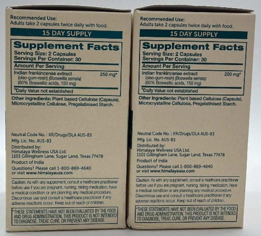 2PK Himalaya Boswellia ~ 60 Veg. Capsules EACH ~ EXP 10/26 & 12/26 ~ SEALED