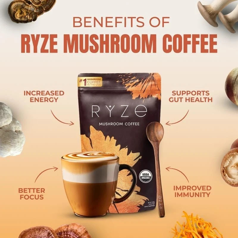 RYZE Mushroom Coffee USDA Organic with 6 AdaptogenicMushrooms and MCT Oil