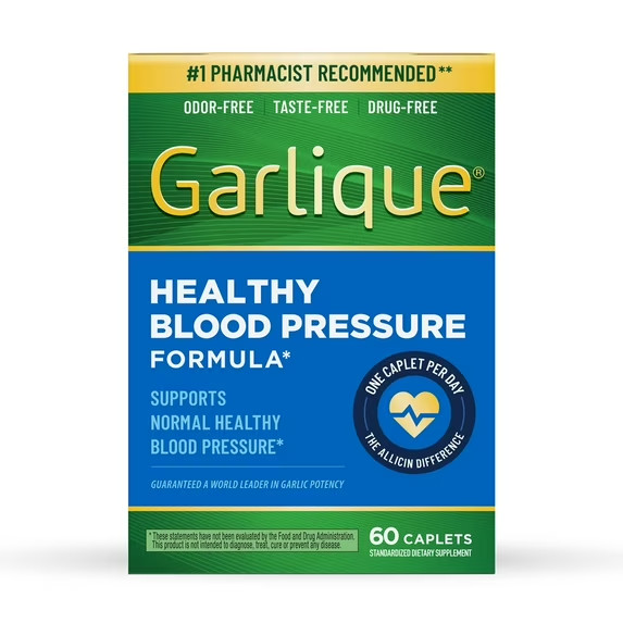 Garlique Healthy Blood Pressure Supplement 60 Caplets Odor Free Vegan Gluten