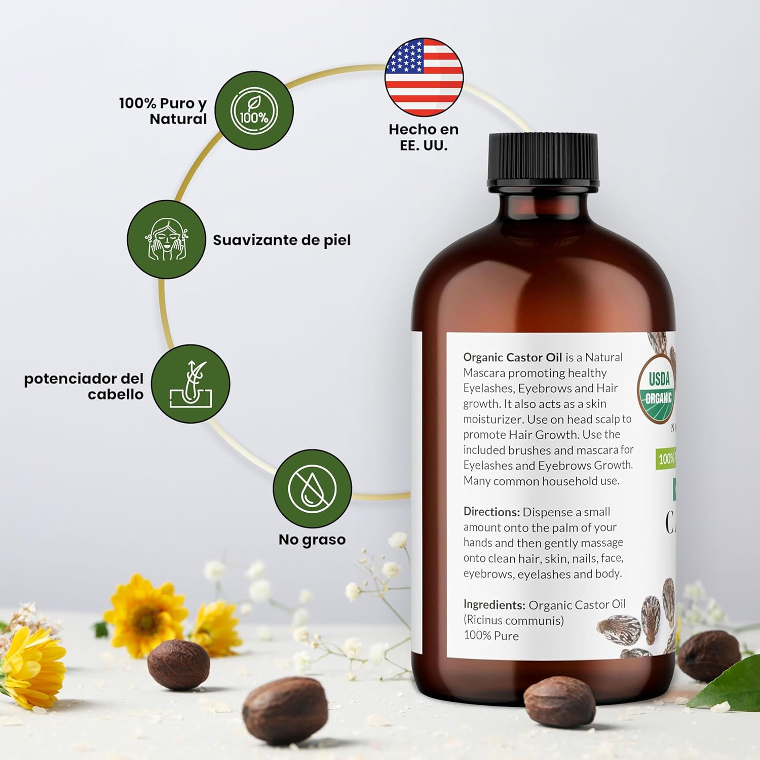 100% Pure Organic Castor Oil, Expeller-Pressed, Hexane-Free, Premium Carrier & B