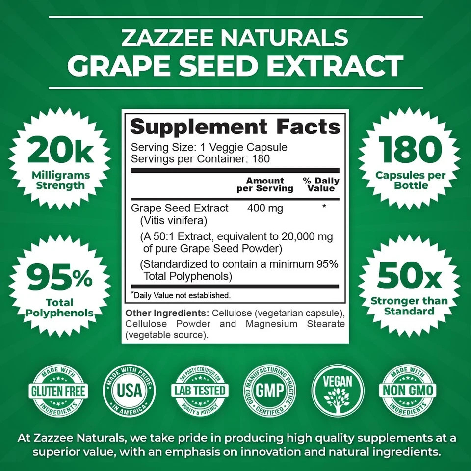 Zazzee Grape Seed 50:1 Extract 180 Vegan Capsules 95% Polyphenols Non GMO USA