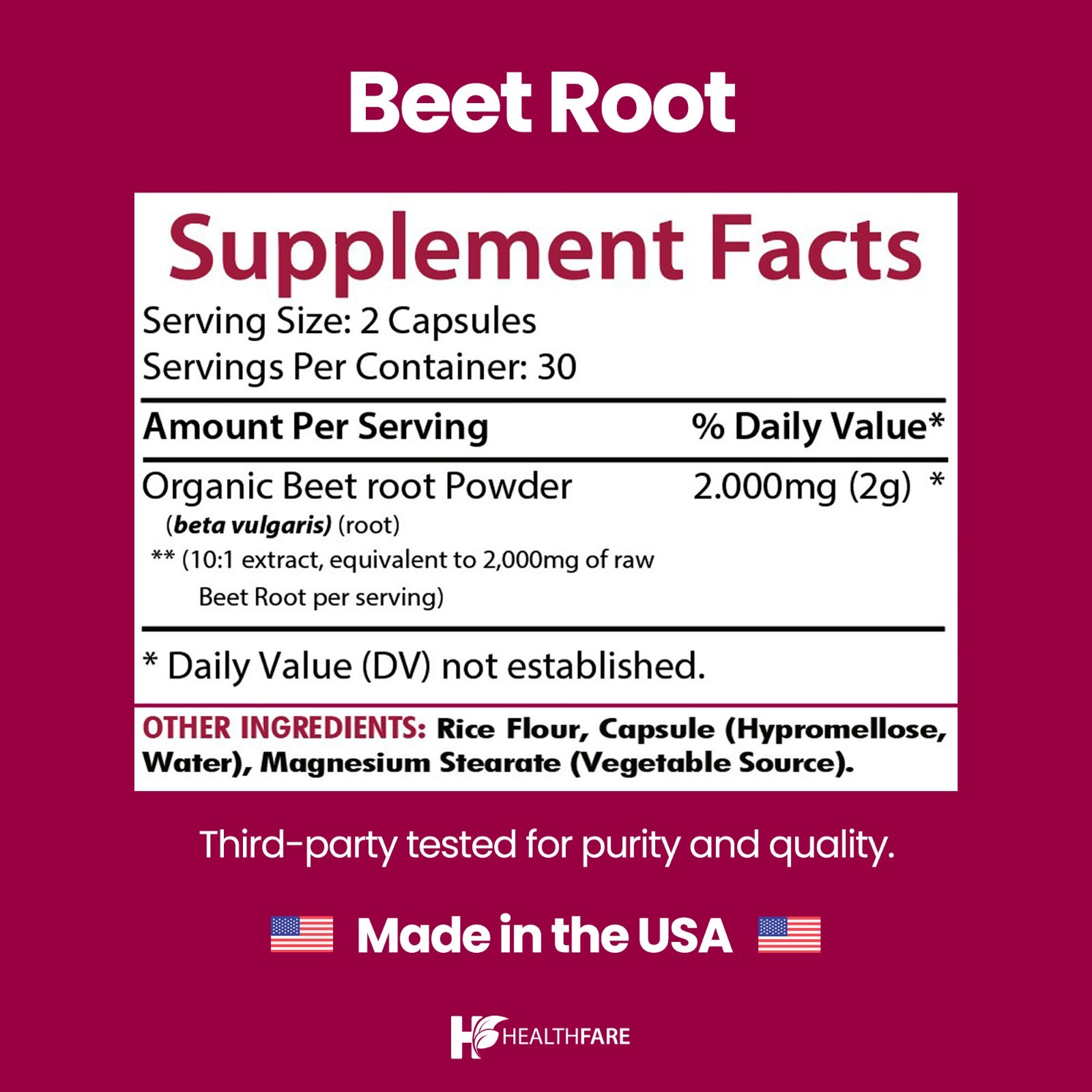 HealthFare Beet Root 2000 mg Strength 10:1 Extract, 60 Vegan Capsules