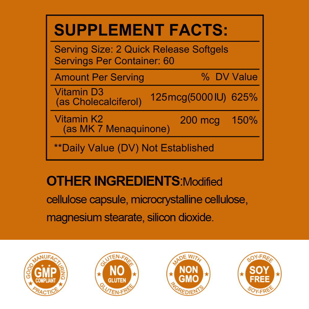 Vitamin D3 5000IU and K2 MK-7 200mcg – 120 Capsules – Immune Support Wellness-