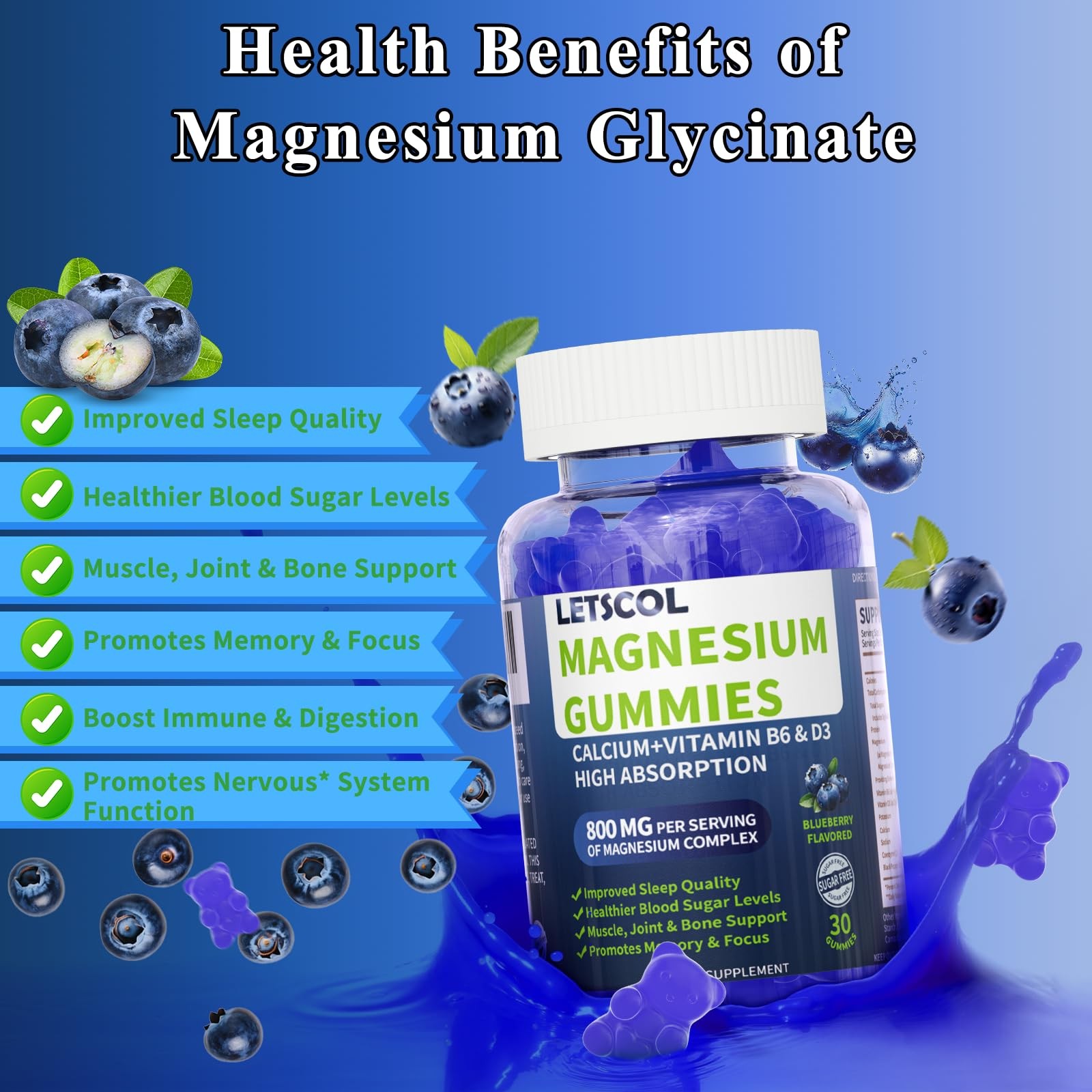 LETSCOL Magnesium Glycinate Gummies, Sugar Free 30 Count (Pack of 1)