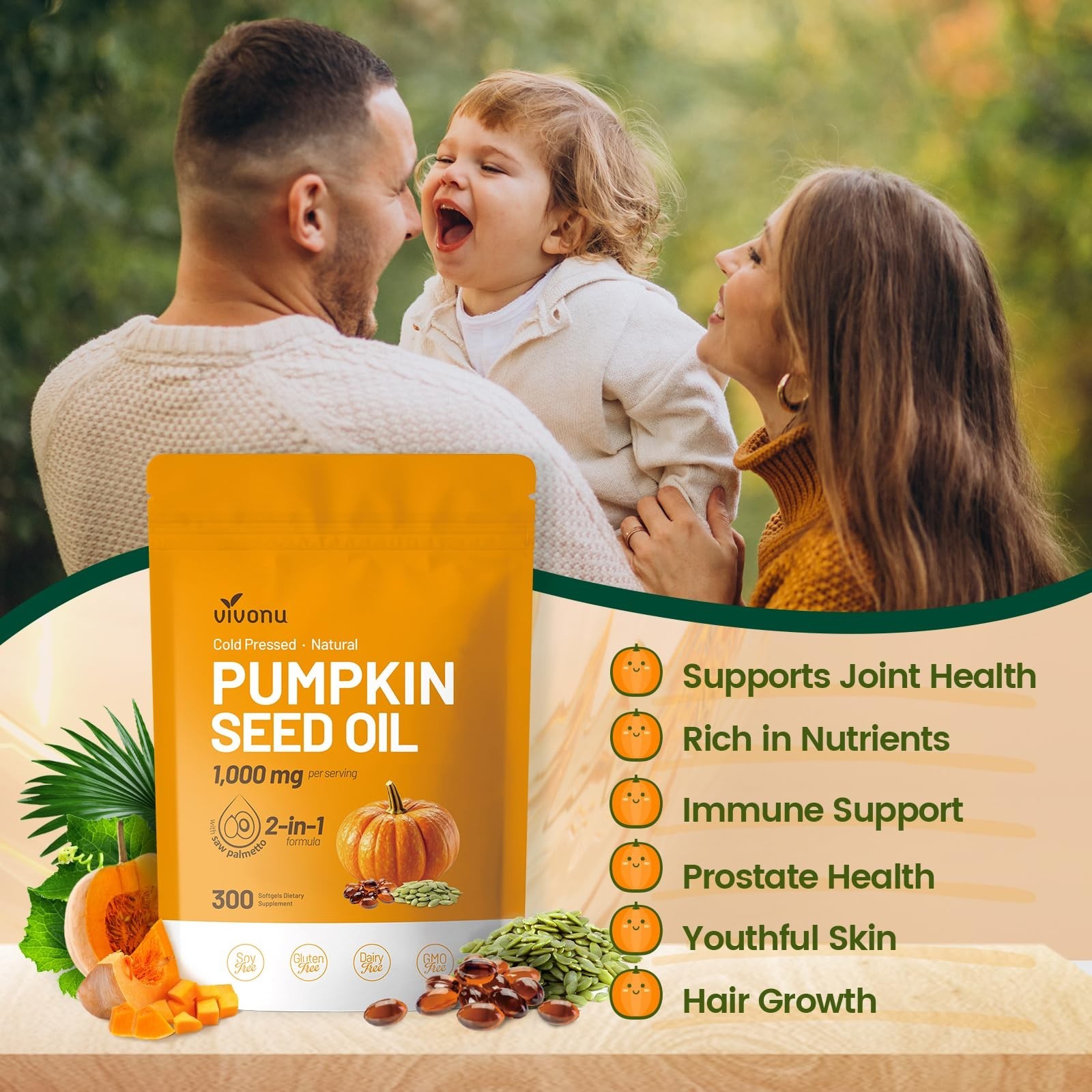 Pumpkin Seed Oil & Saw Palmetto Softgels, 300 Non-GMO Capsules | Cold Pressed, H