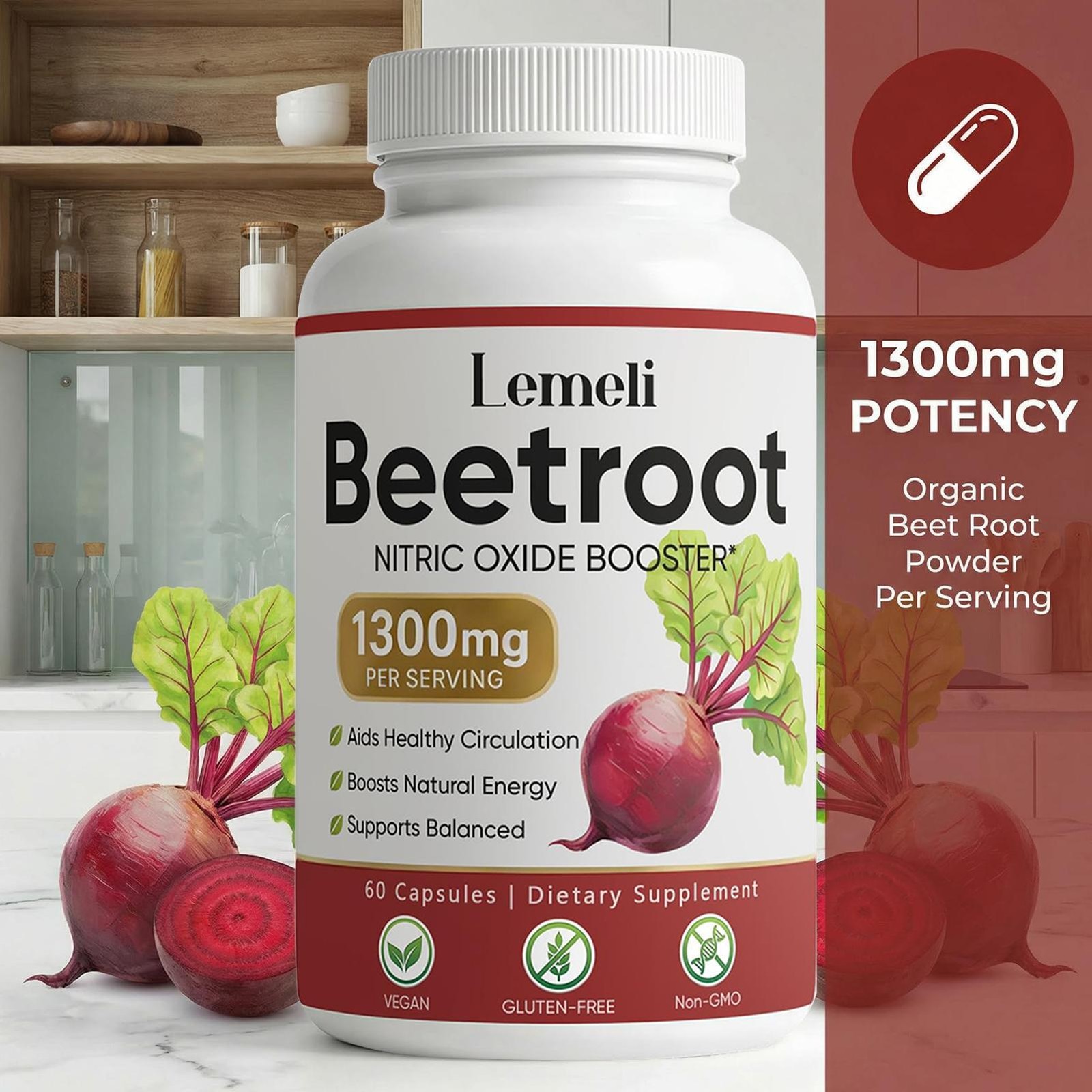 Beet Root 60 Vegan Capsules, 1300 Mg Per Serving, Non-GMO & Gluten Free
