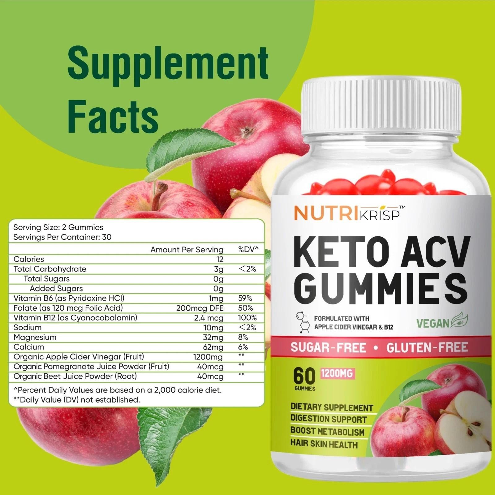 Nutrikrisp Keto ACV Gummies, 1200 mg, 60 Count, Sugar-free, Gluten-free