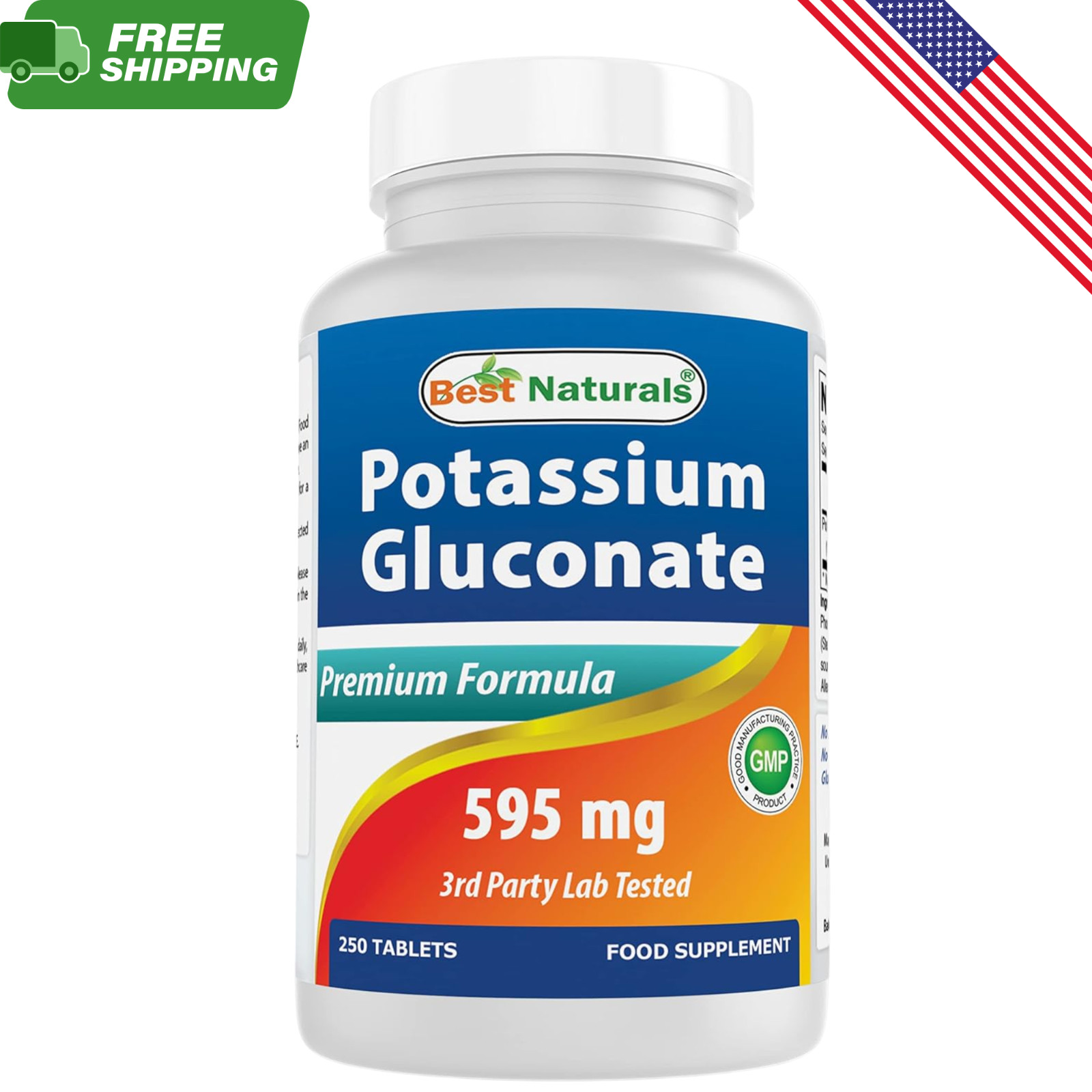 Best Naturals Potassium Gluconate 595mg 250 Tablets Non-GMO Gluten Free USA Made