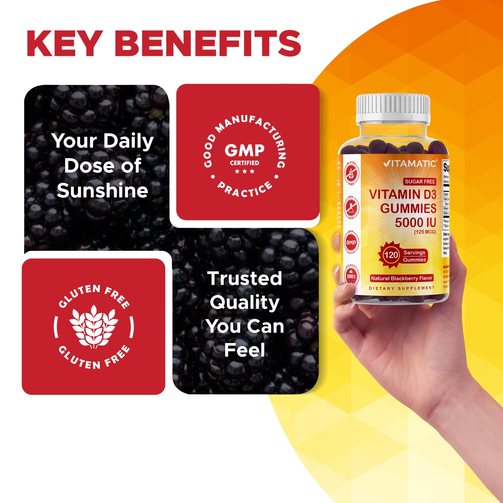 Vitamatic Sugar Free Vitamin D3 (5000 IU) – 120 Pectin Based Gummies.