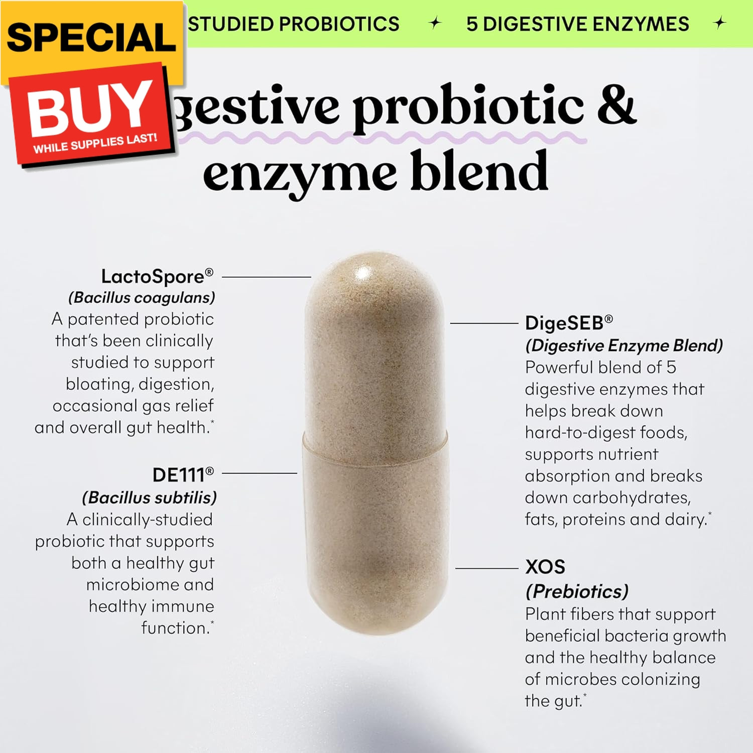 Debloat 3-in-1 Prebiotic, Probiotic & Digestive Enzyme Capsules for Bloating & G