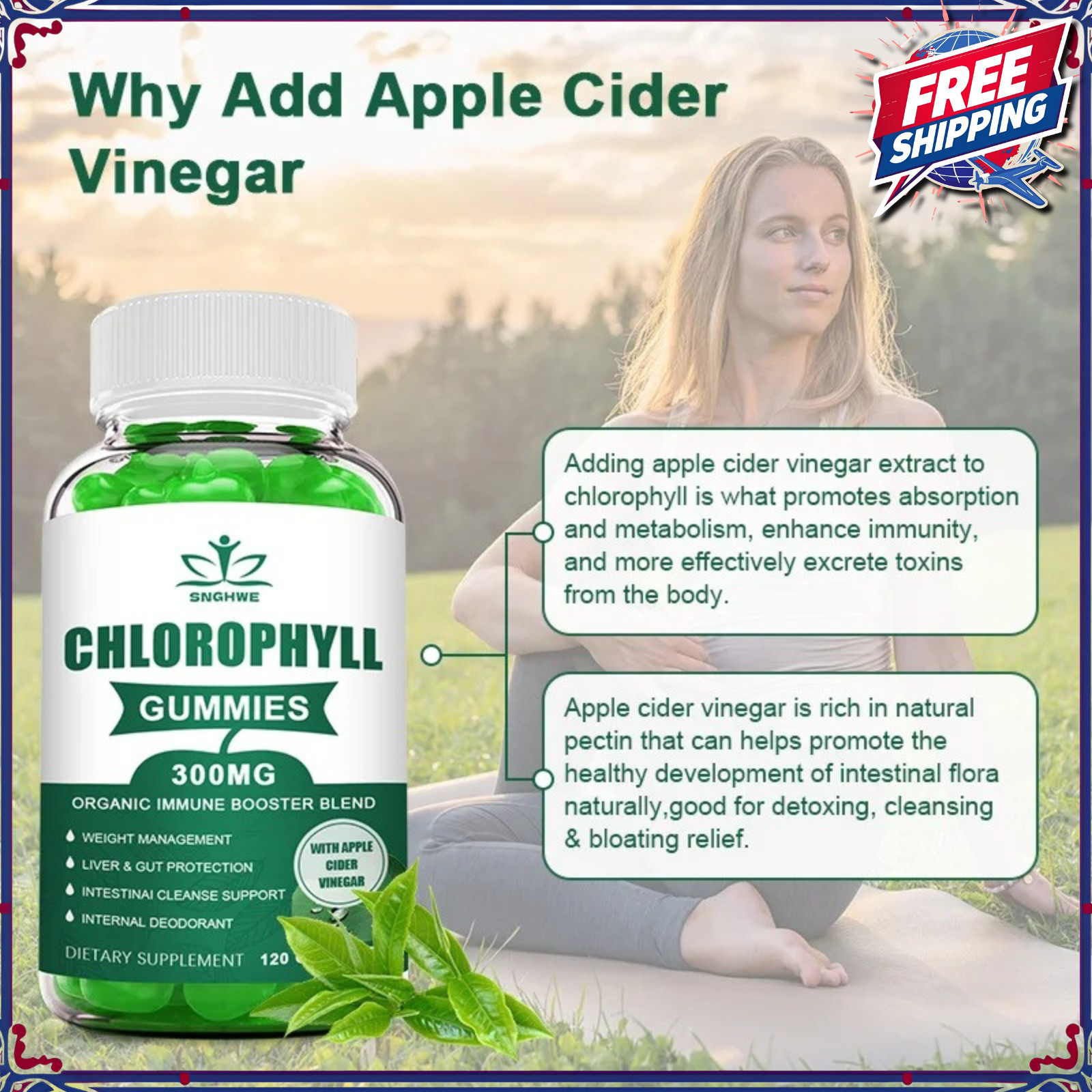 Chlorophyll Gummies with ACV Vitamin D3 C E B12 Natural Deodorant Energy Boost