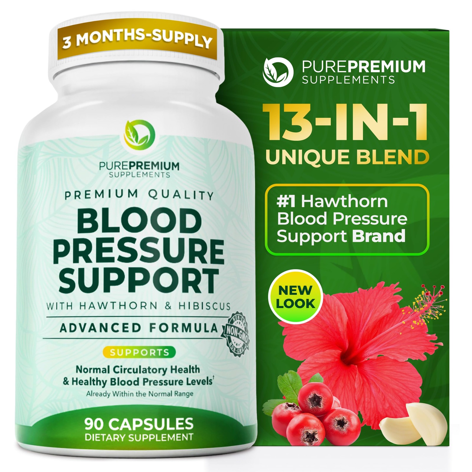 PurePremium Blood Pressure Supplements with Hawthorn 90 Count (Pack of 1)