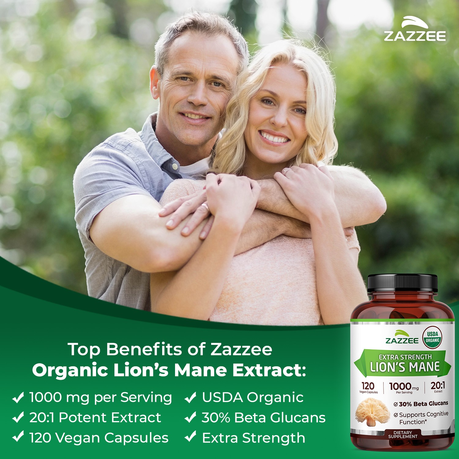 USDA Organic Lion’s Mane 20:1 Extract, 16,000 mg Strength, 120 Vegan Capsules