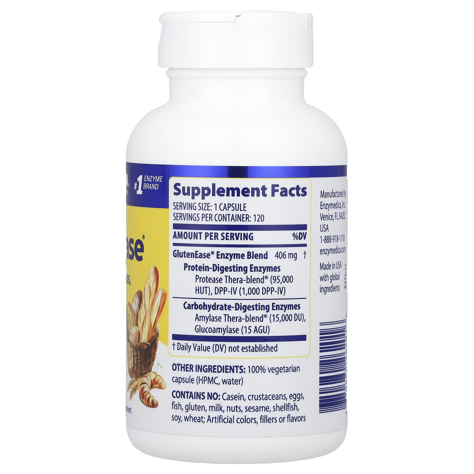 Enzymedica GlutenEase 120 Capsules Casein-Free, Dairy-Free, Egg-Free,