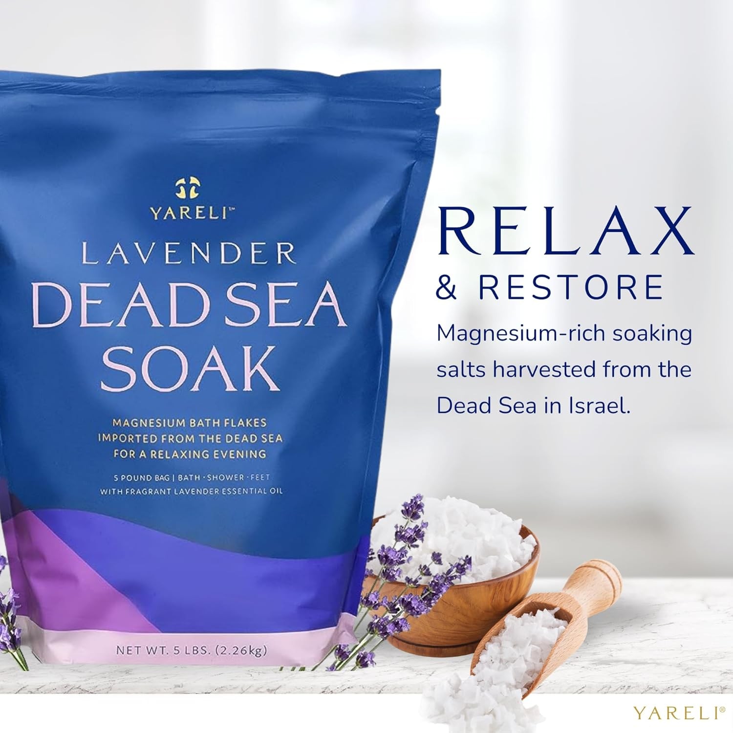 Yareli Magnesium Flakes, 5lb Lavender, Dead Sea Bath and Foot Soak, Alternative