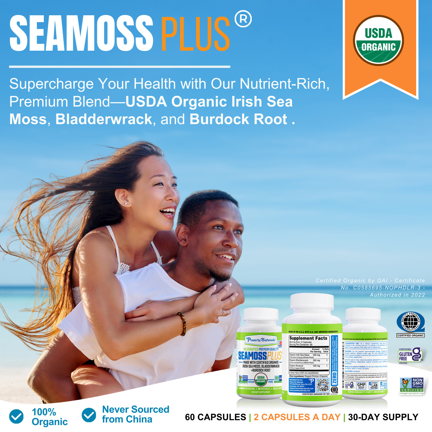 Certified Organic Sea Moss Bladderwrack Burdock Root Capsules | 60 SeaMoss Pills
