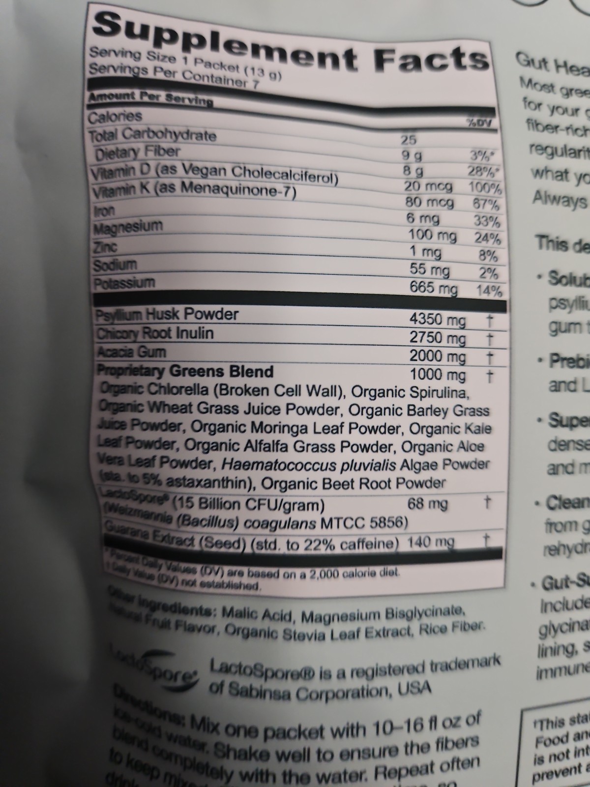 Hona Fiber + Greens Superfood Powder Probiotics Fiber 7 Servings 3.2 oz – New