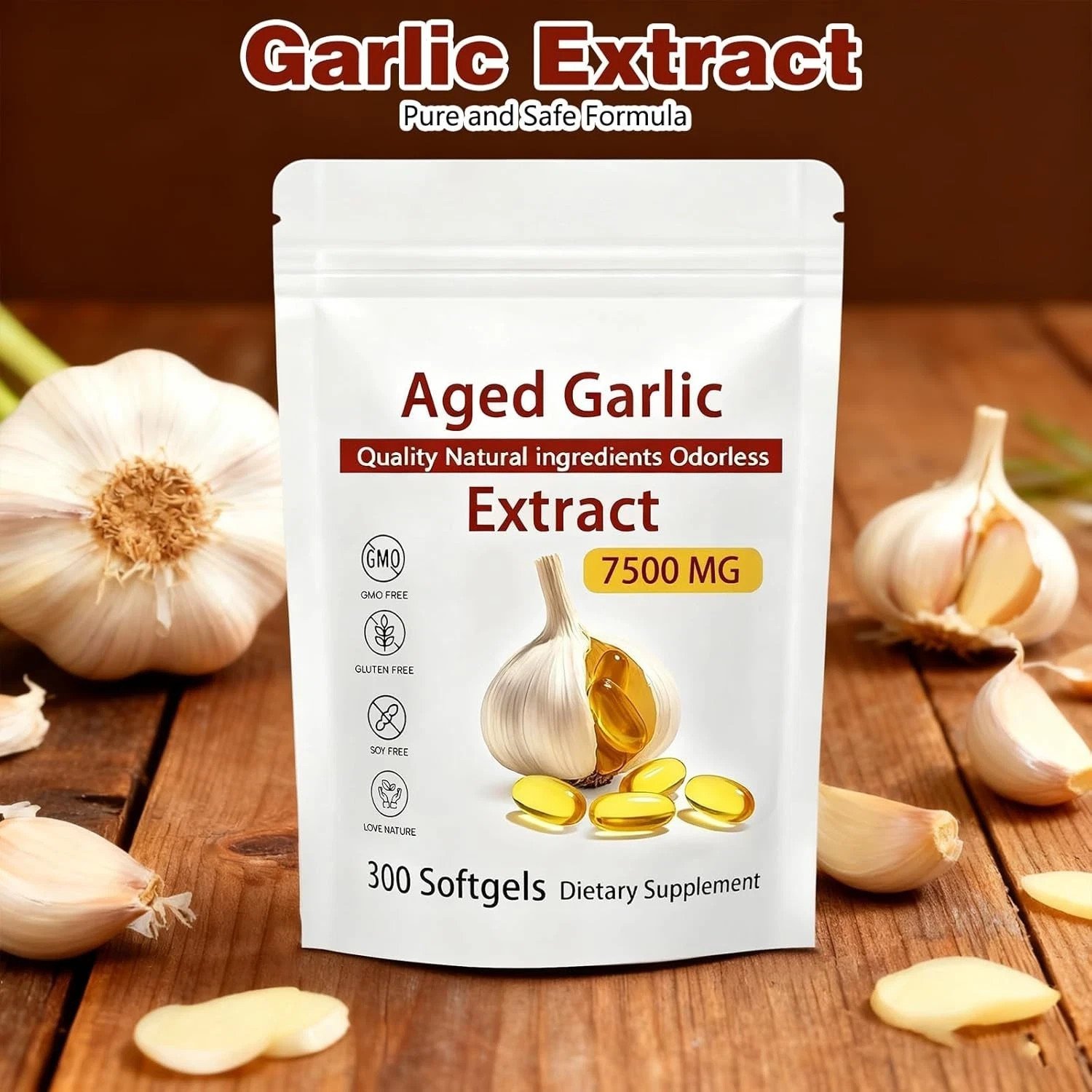 Odorless Garlic 7500mg Per Servings, 300 Softgels | 2 Years Aged Garlic Extra