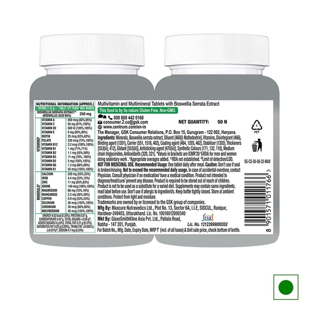 Multivitamin Adults 50+ Immunity Heart Joints Centrum 23 Nutrients 50 Tabs 2.7oz