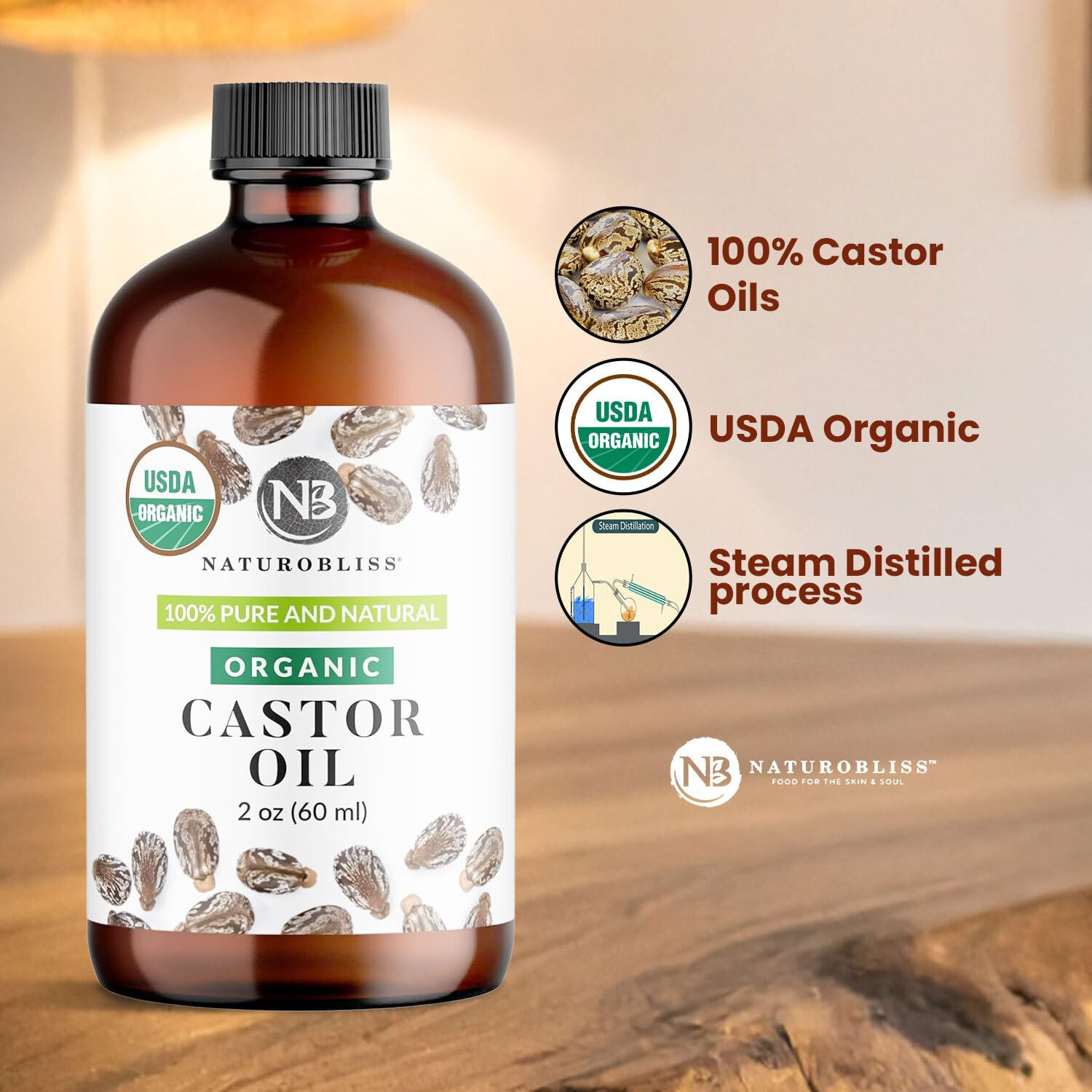 100% Pure Organic Castor Oil, Expeller-Pressed, Hexane-Free, Premium Carrier & B