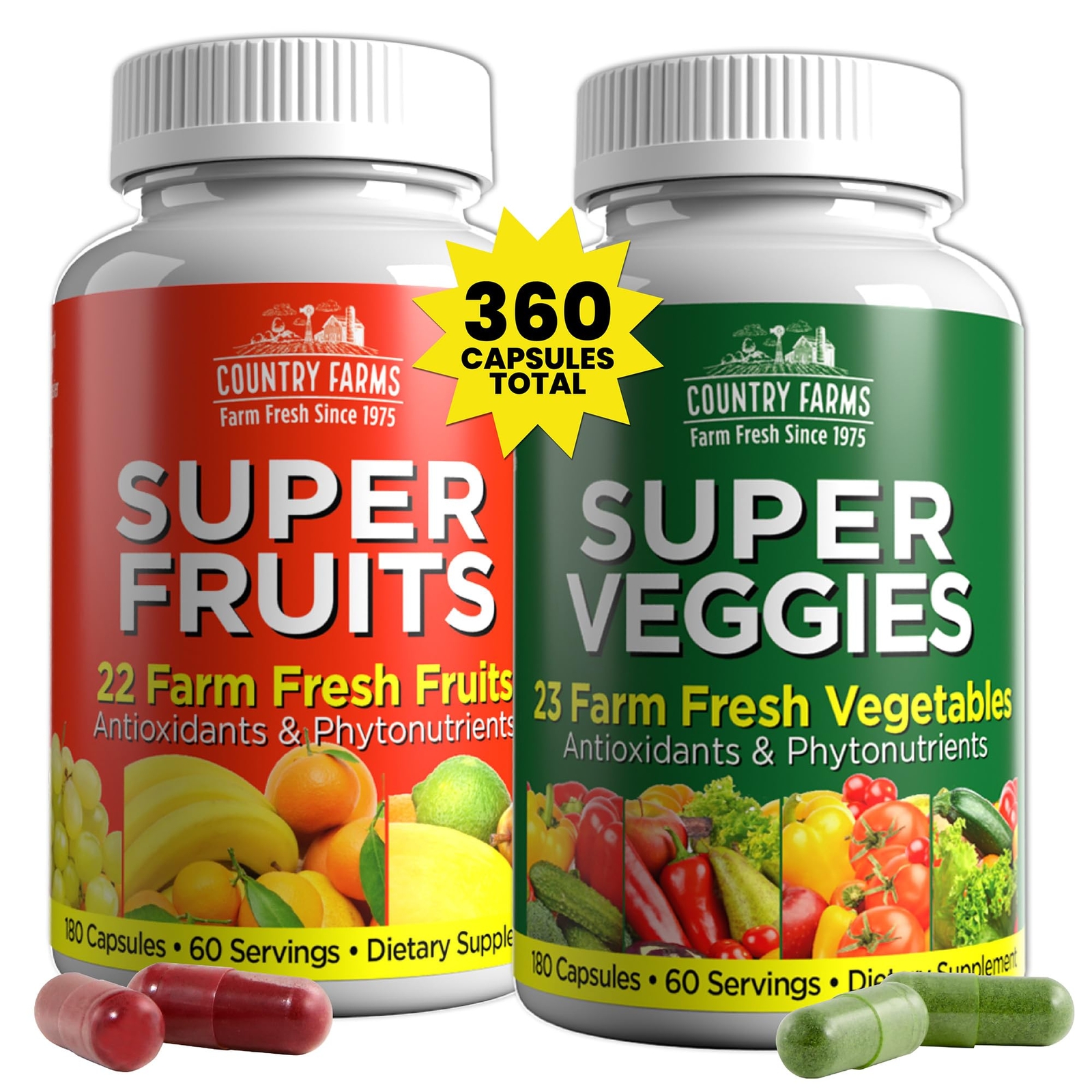 Fruit and Vegetable Supplement Capsules 180 Each Greens and Reds 60 Servings