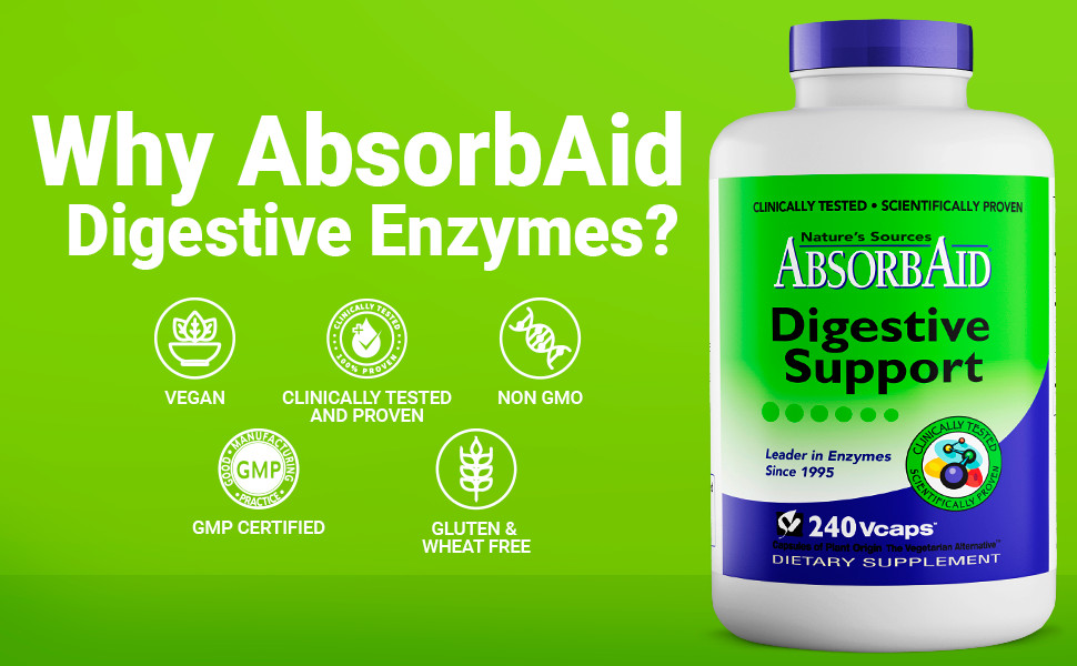 AbsorbAid Natural Digestive Enzyme relief for gas, bloating, acid reflux-240 cap