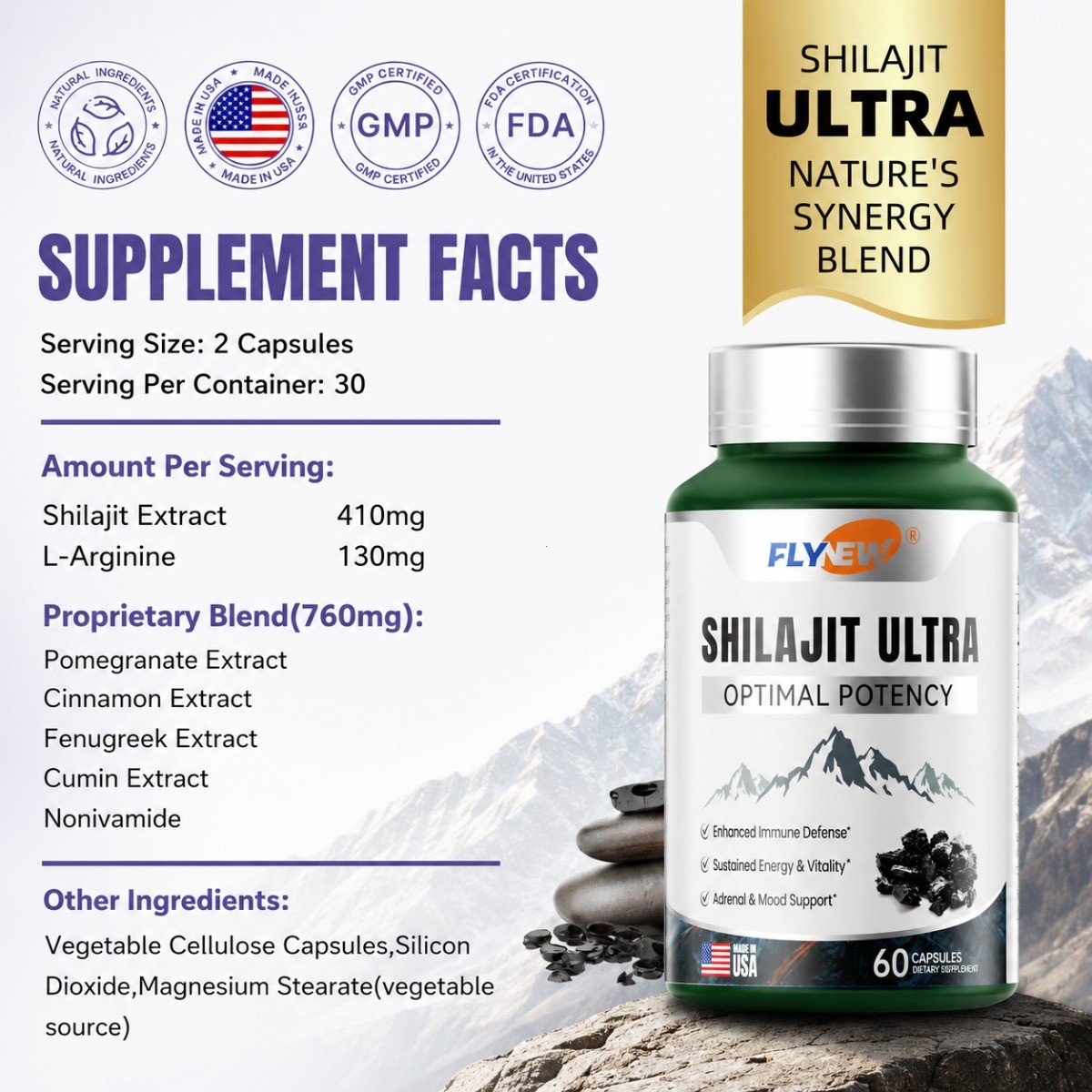 Flynew Shilajit Ultra, 60ct, Energy, Immune & Mood Support