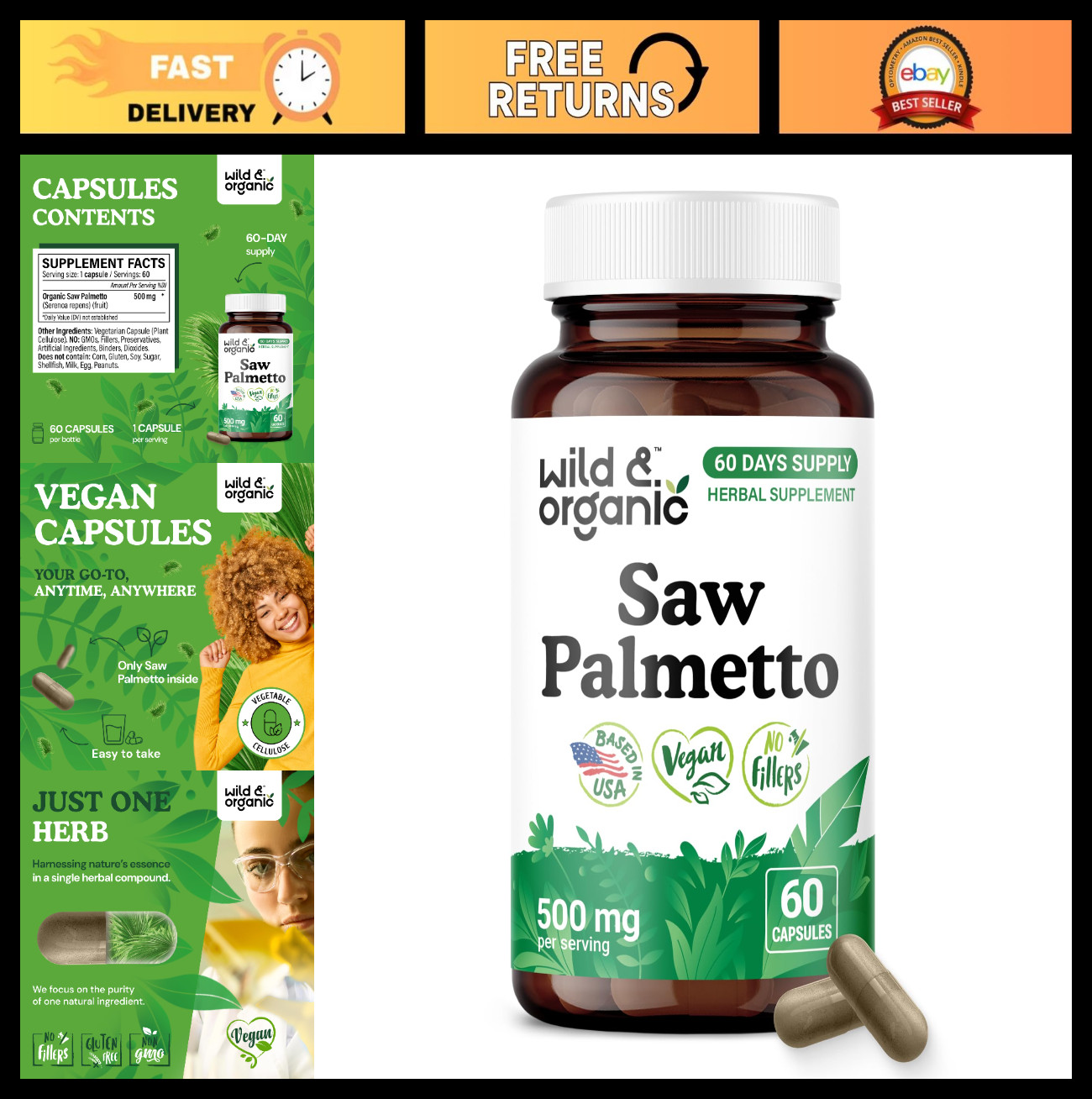 Organic Saw Palmetto Capsules 500mg – Urinary Tract Support for Men & Women – 60