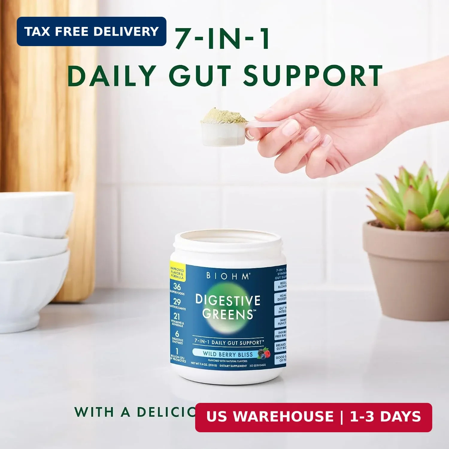 Digestive Greens, Green Superfood Powder (7.4 Oz, 30 Servings) Immune & Gut Heal
