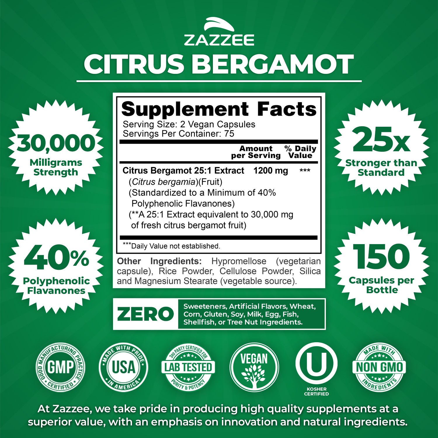 Zazzee Citrus Bergamot 25:1 Extract, 500 mg per Capsule, 150 Vegan Capsules