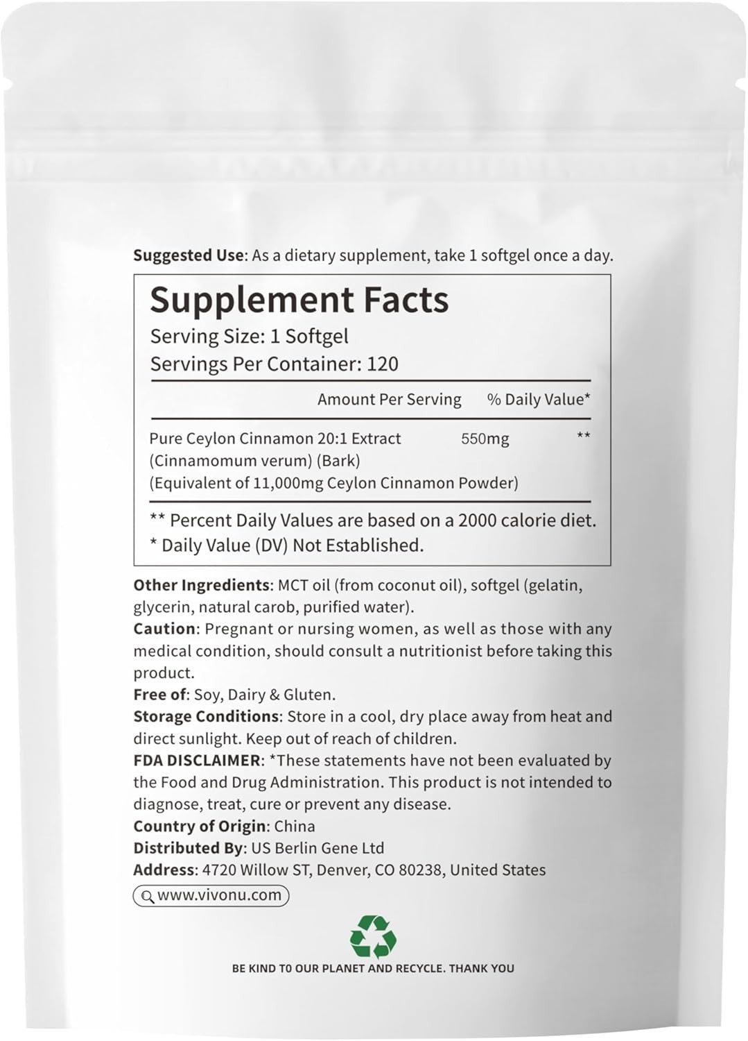 120 Count Bioavailable Ceylon Cinnamon & MCT Oil Softgels for Metabolism Boost