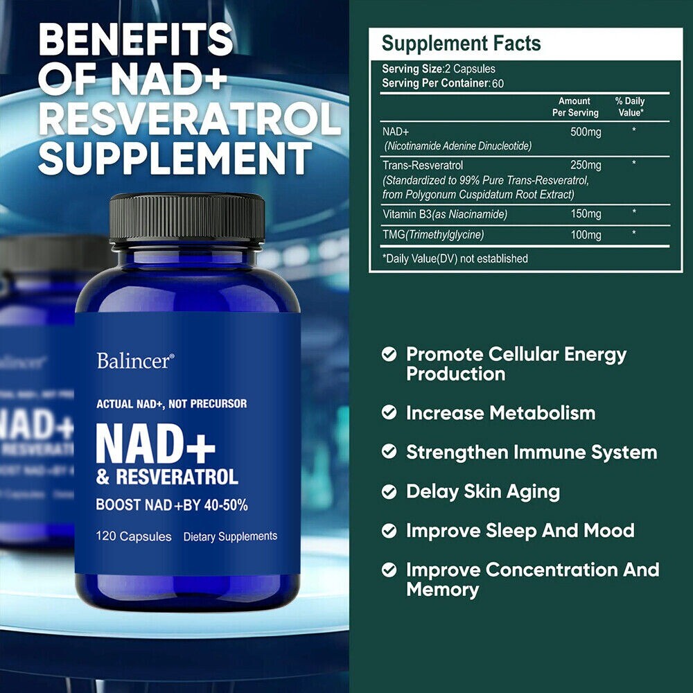 NAD Booster Supplement – Nicotinamide 500mg Resveratrol 250mg- 30/60/120Capsules