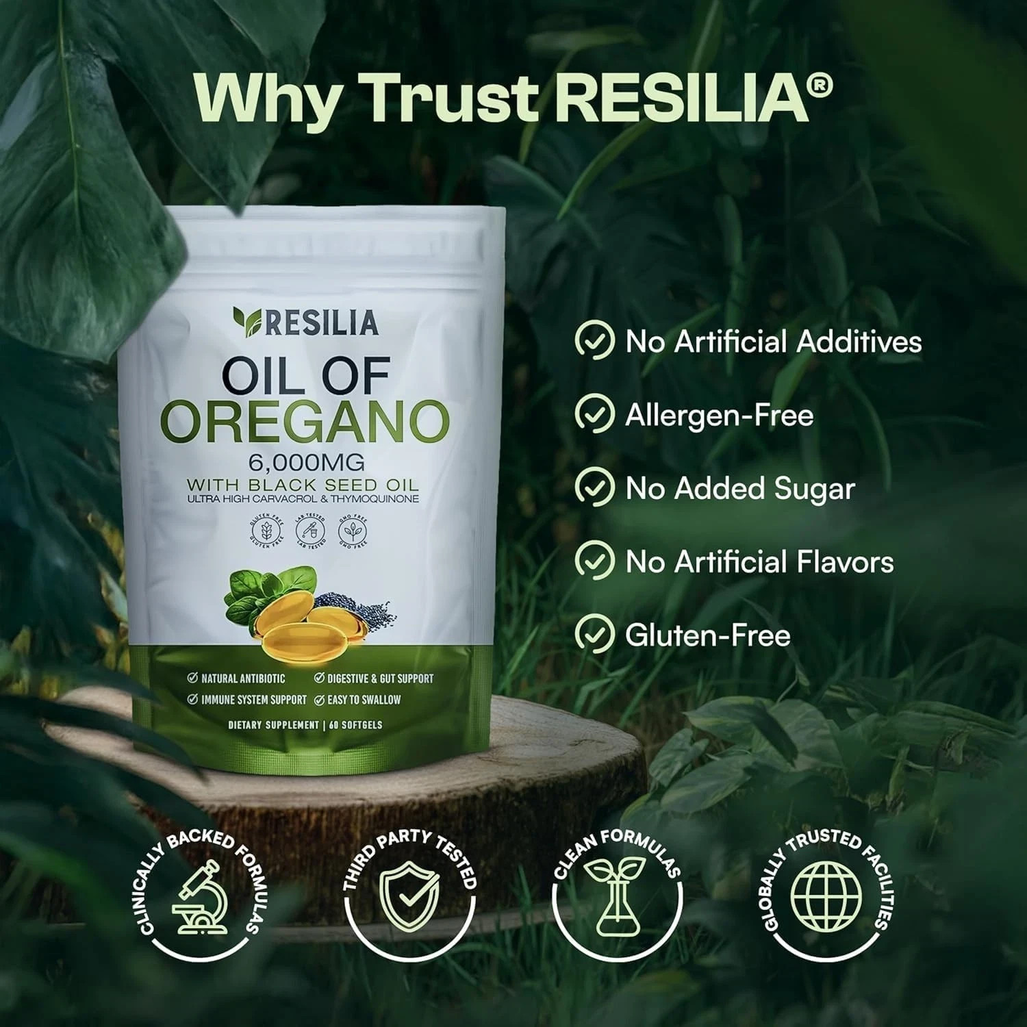 Resilia Organic Oregano Oil Softgels with Black Seed Oil 6000mg – Capsules 60ct