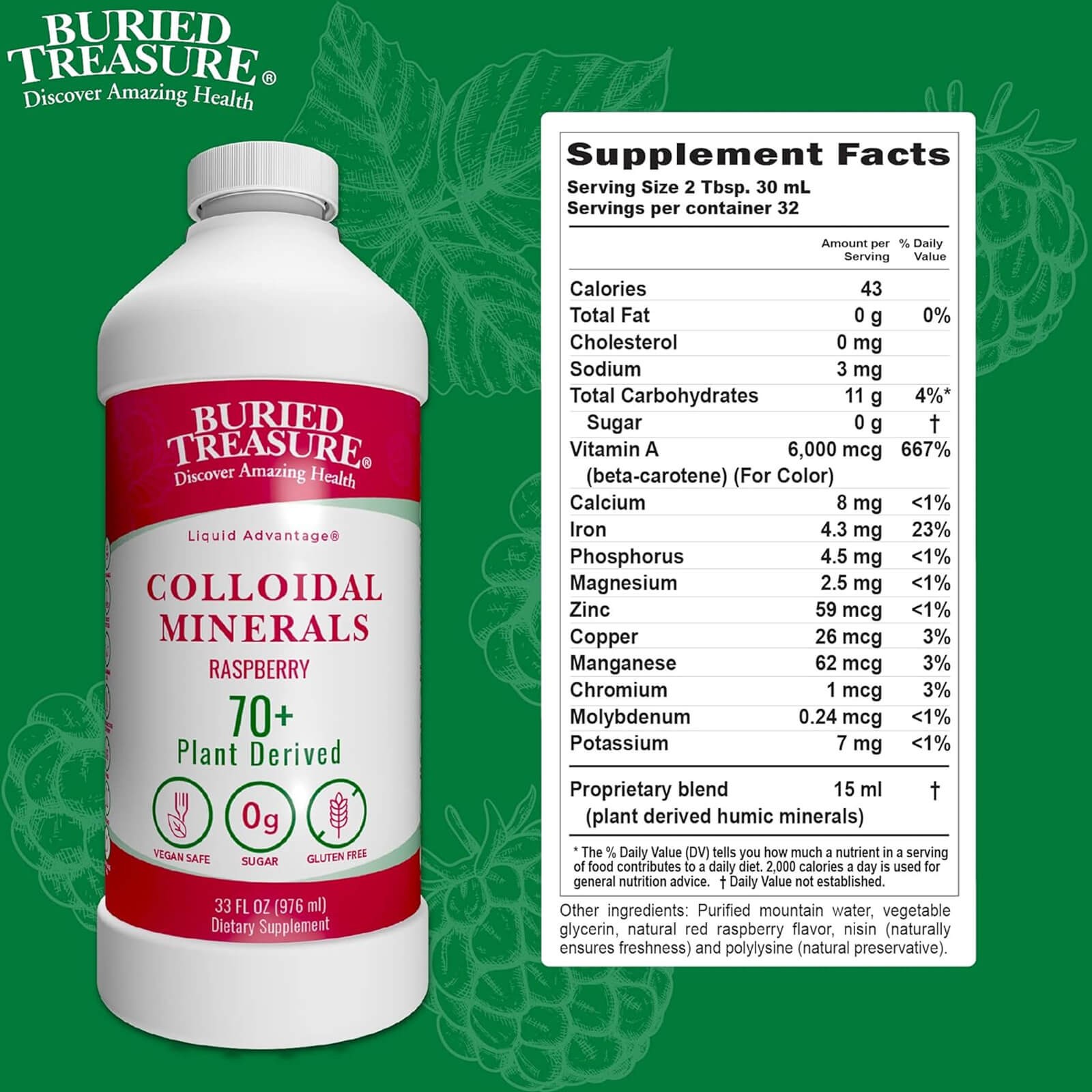 Buried Treasure Raspberry Minerals 32 oz, 0g sugar, Plant Derived