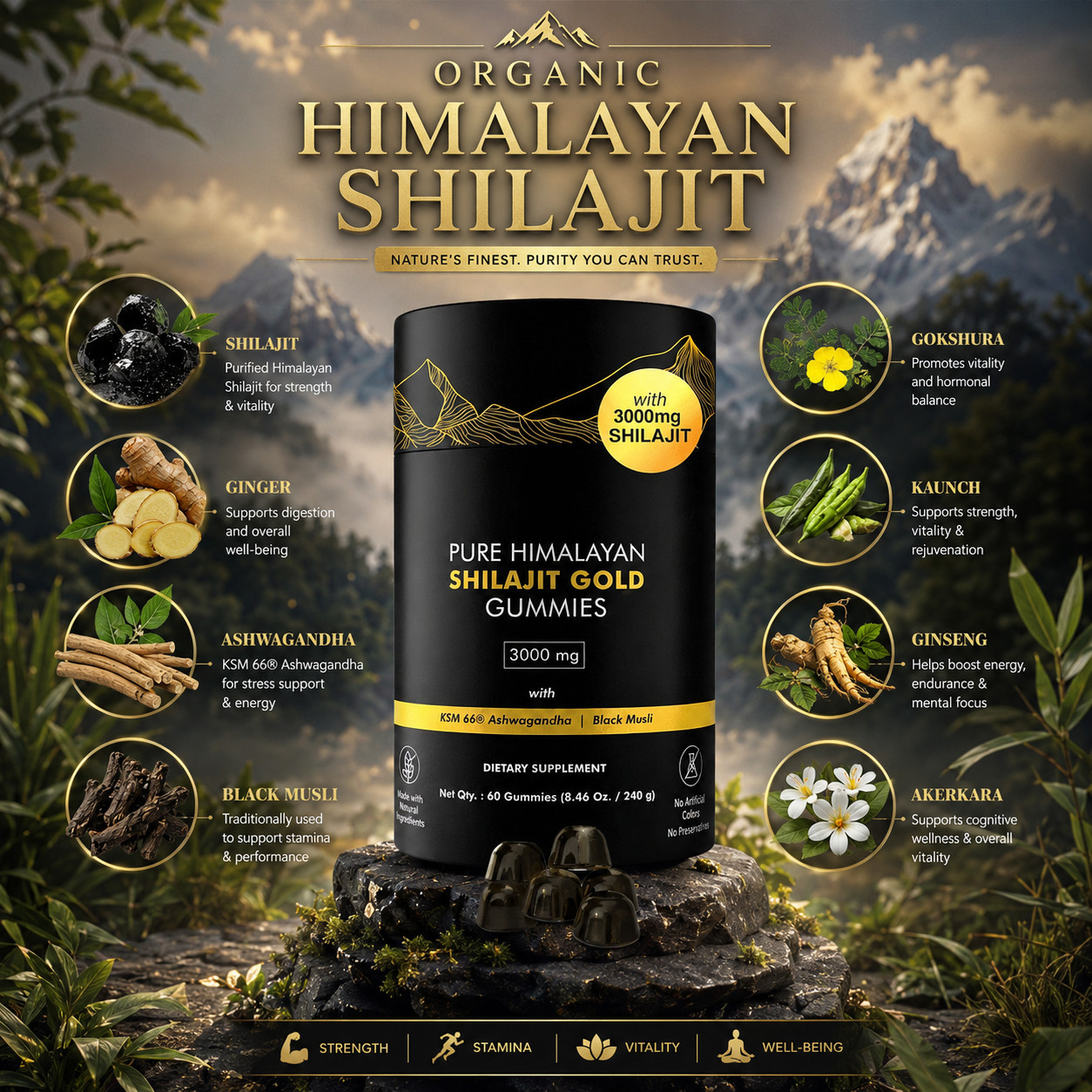 100% Pure Organic Shilajit GOLD Gummies, Ashwagandha, Fulvic Acid& other 3000mg
