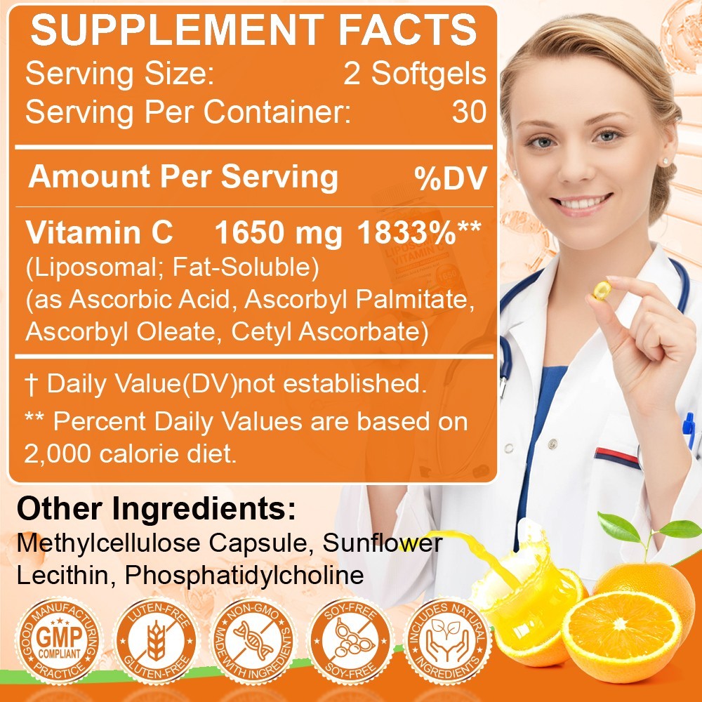 Liposomal Vitamin C 1650mg -60 Capsules – High Absorption Supplements.