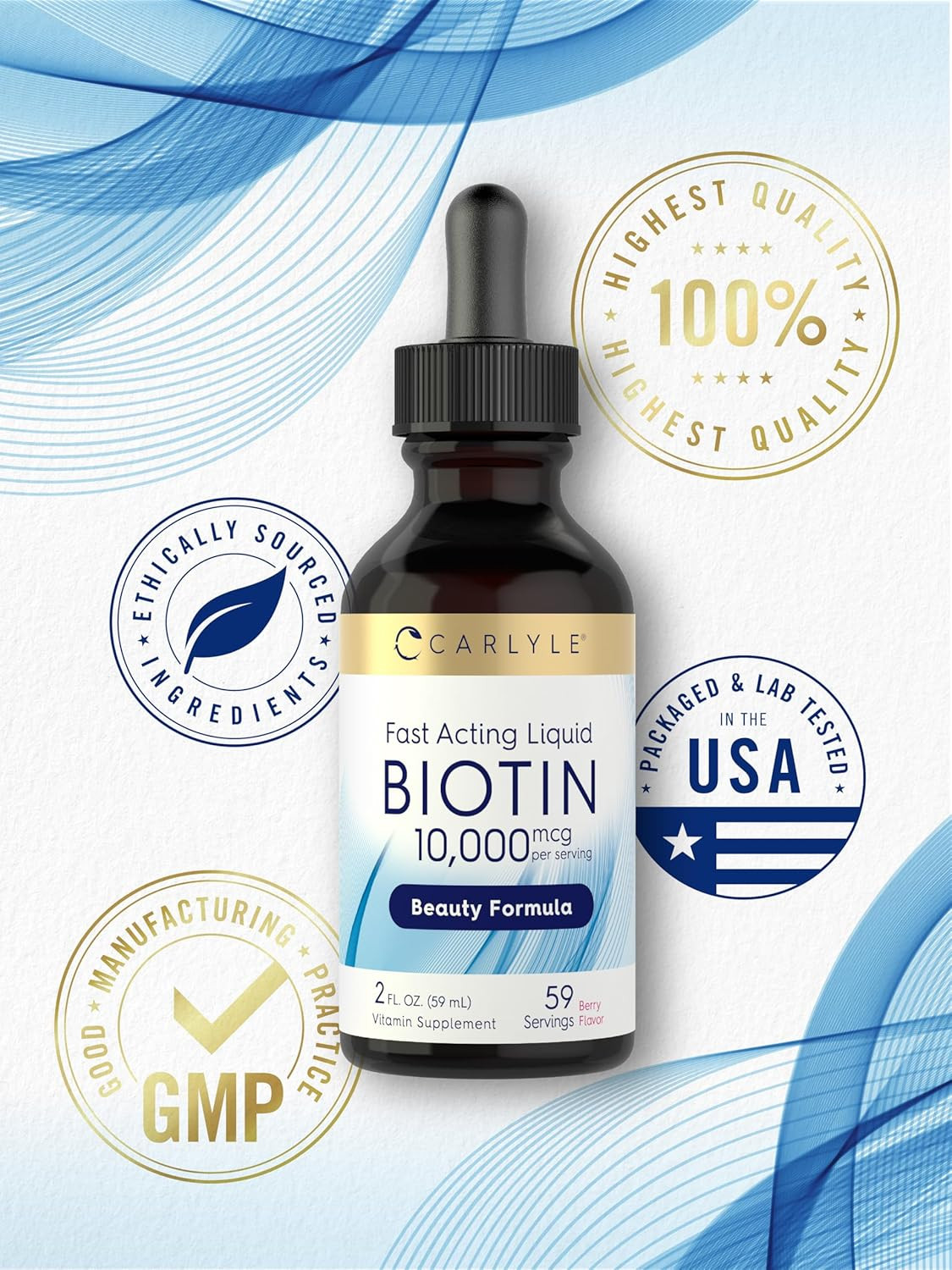 Liquid Biotin 10000mcg | Extra Strength Gel Drops | 2 oz | by Carlyle