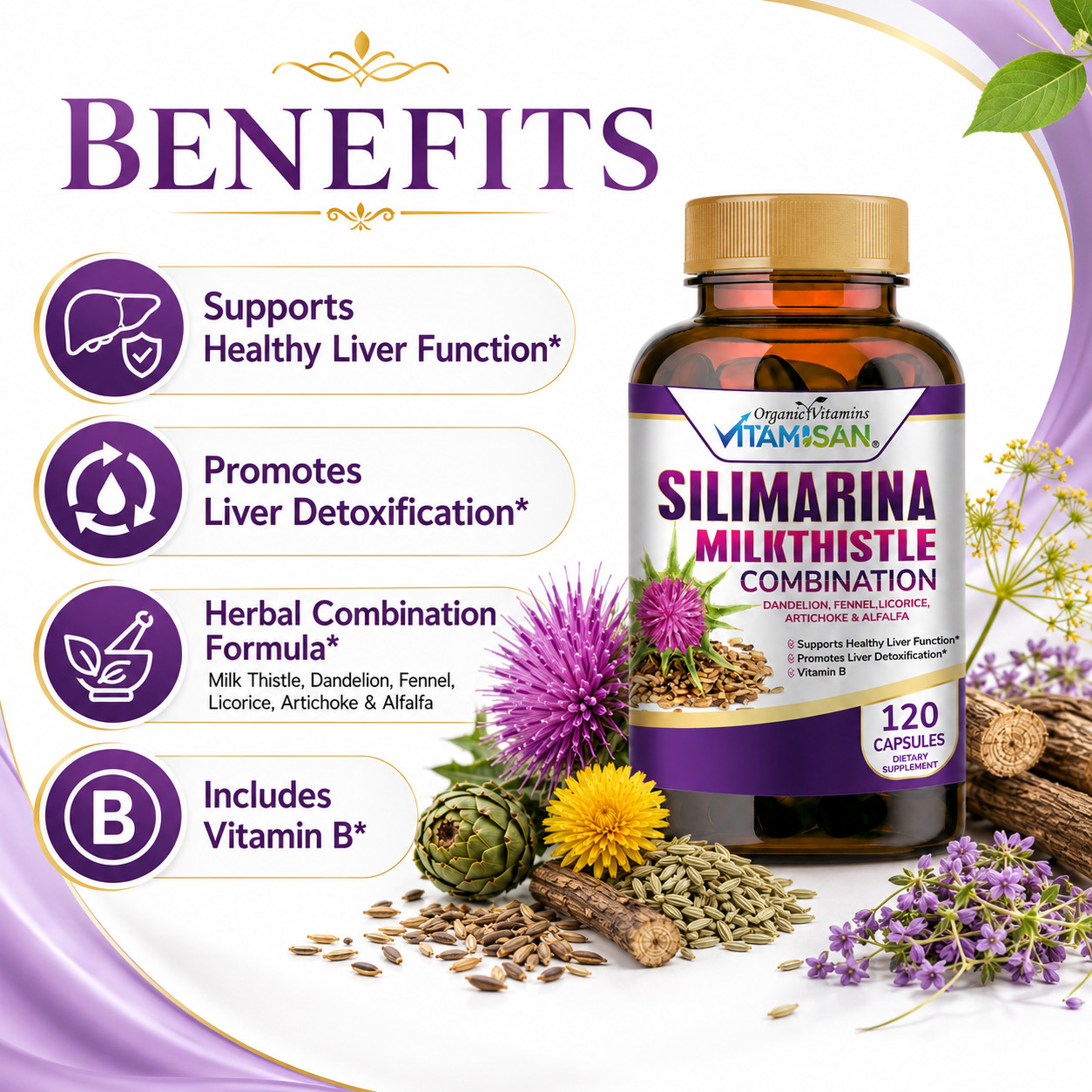Organic Vitamins Milk Thistle Strenght 120 Caps Silymarin complex with B