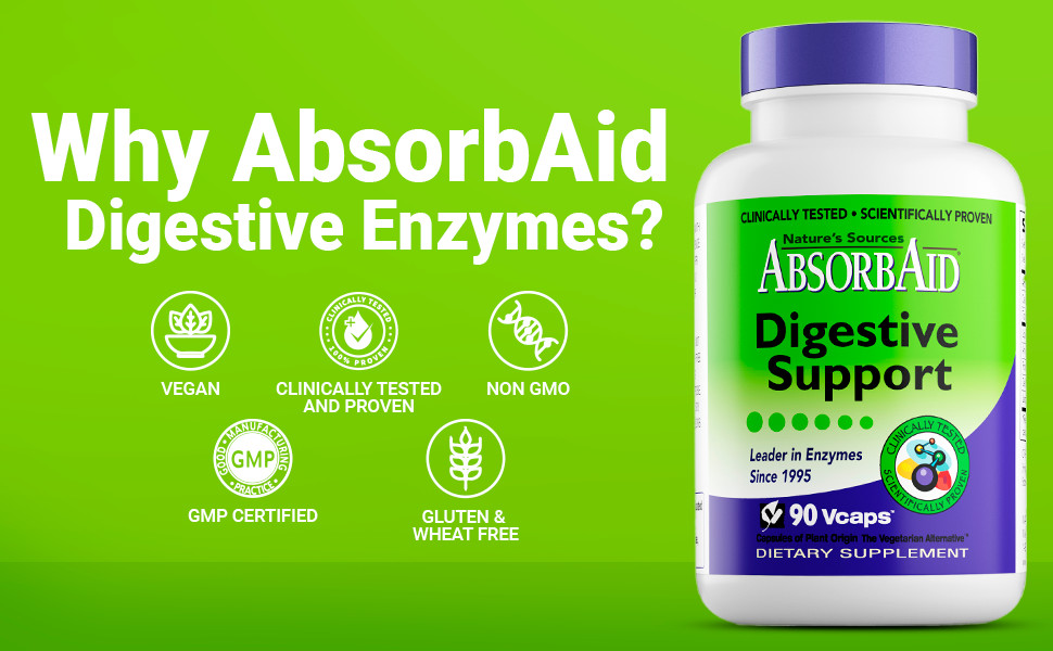 NEW AbsorbAid Natural Digestive Enzymes for gas, bloating & acid reflux 90 count