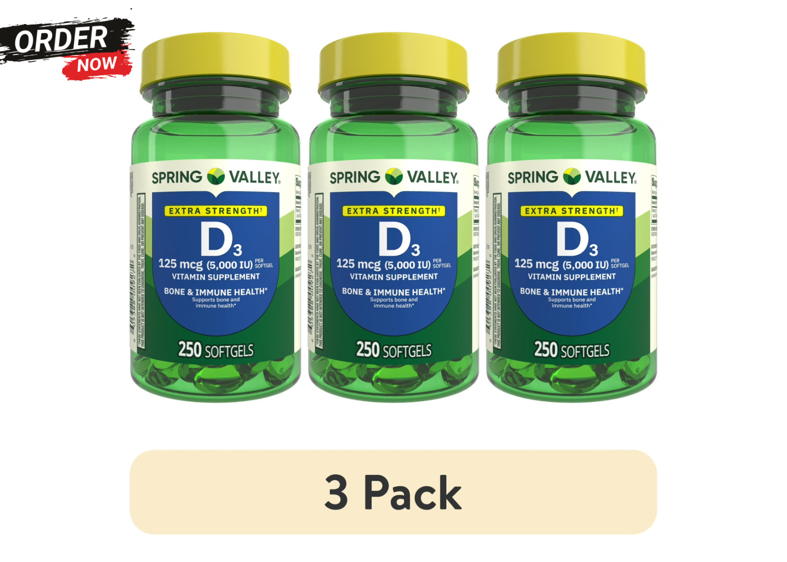 3 Pack Spring Valley Vitamin D3 Softgels, 125 mcg per Softgel, 5,000 IU, 250 Ct