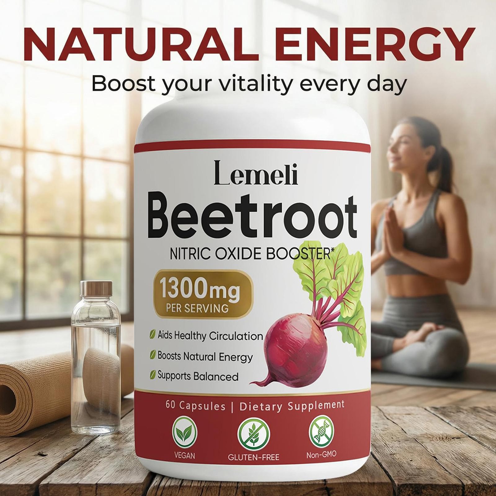 Beet Root 60 Vegan Capsules, 1300 Mg Per Serving, Non-GMO & Gluten Free