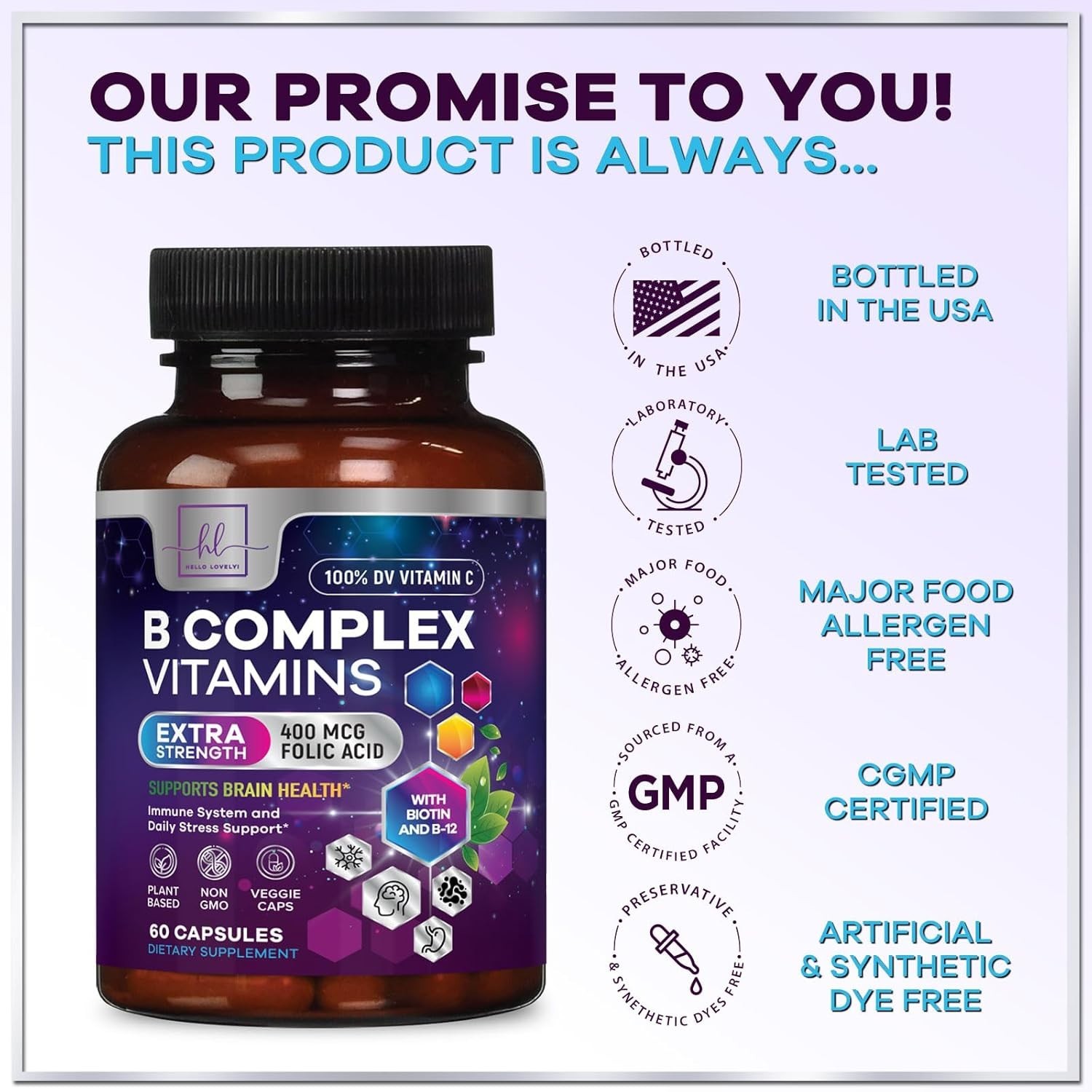 B Complex Vitamin Supplement 1000mcg – 3X Strength with Vitamin C & Folic Acid