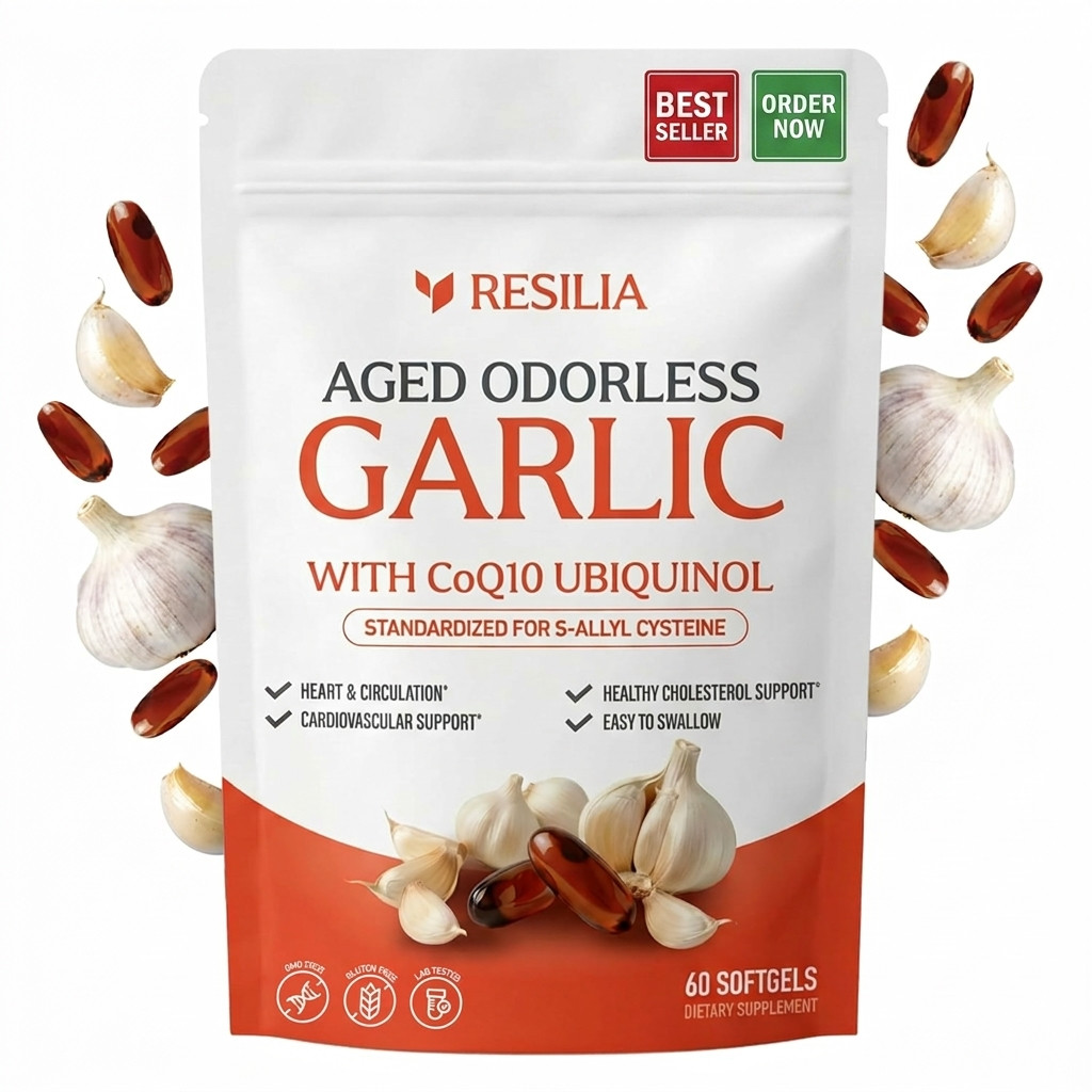 Resilia Aged Garlic Extract 600mg + CoQ10 Ubiquinol – 60 Softgels – Heart Health
