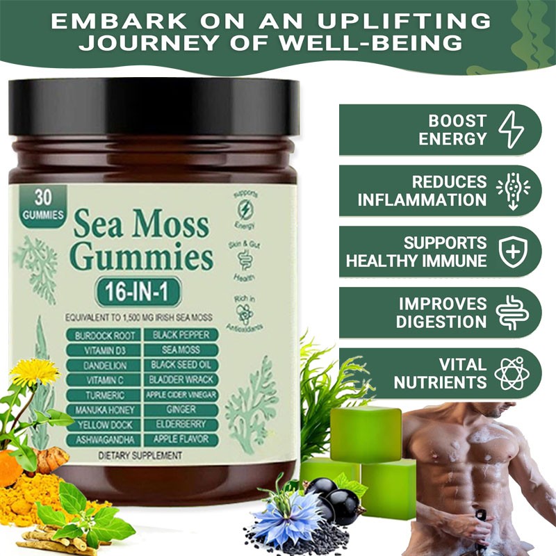 Sea Moss Gummies 16-in-1, Sea Moss mix with Black Seed Oil-Green Apple Flavor