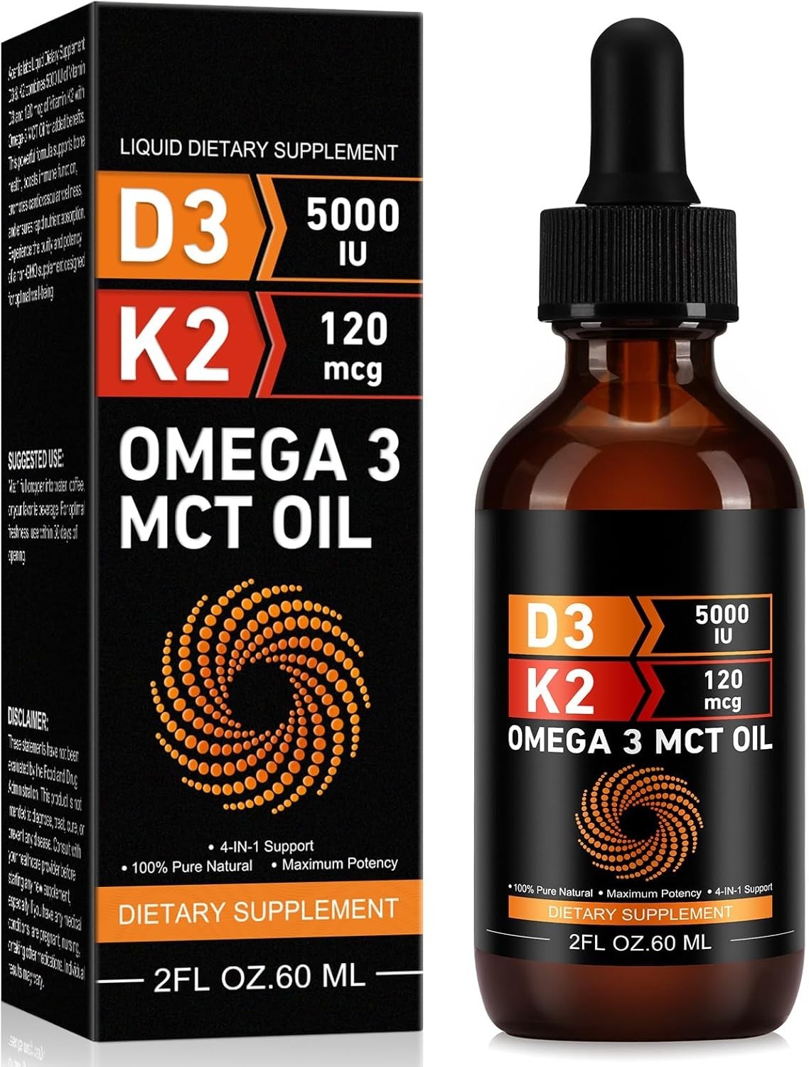 Daiasns Vitamin D3 5000 IU & K2 (MK-7) 120 mcg 60ml Drops with MCT Oil Omega 3,